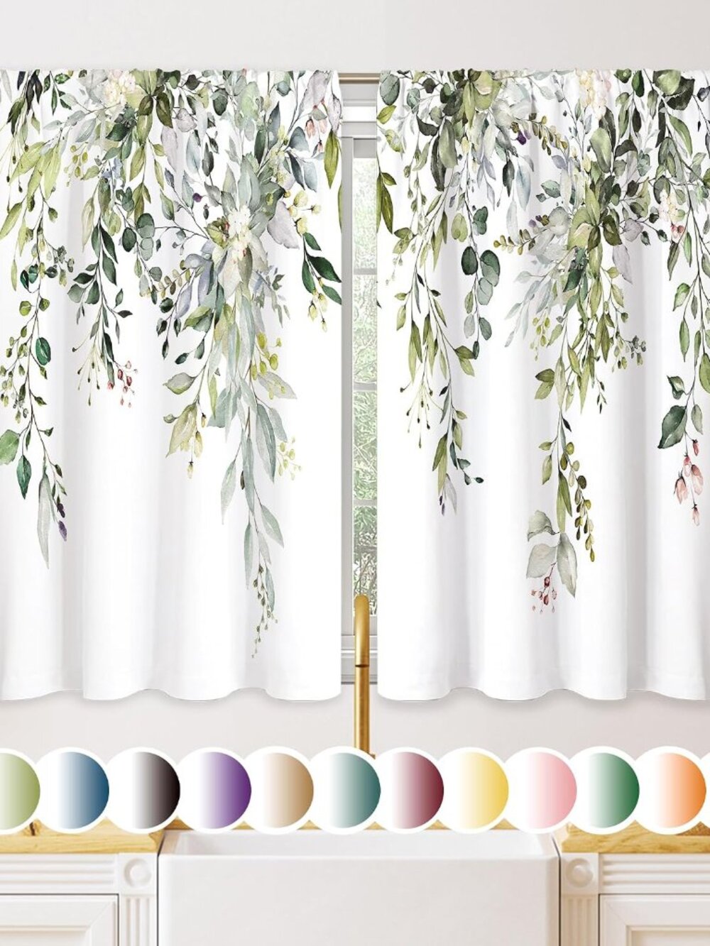 Eucalyptus Botanical Leaves Floral Kitchen Window Curtains Over Sink Boho Farmho